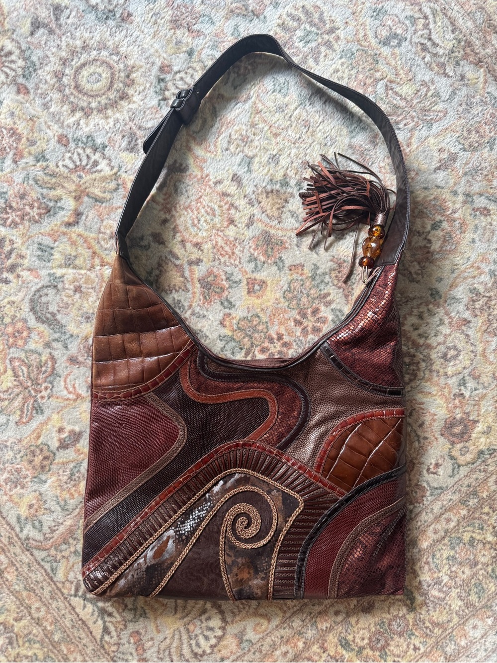 Sharif Multitone Brown Patchwork Leather Shoulder Bag with Tassel